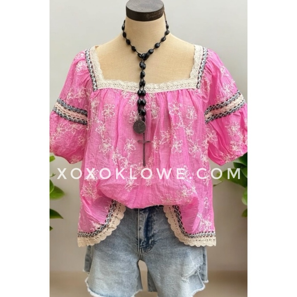 POL Pink Floral Embroidered Square Neck Half Sleeve Chiffon Top - Picture 1 of 11
